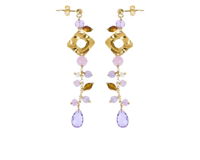 Orecchini argento dorato con ciuffetto di pietre viola e rosa