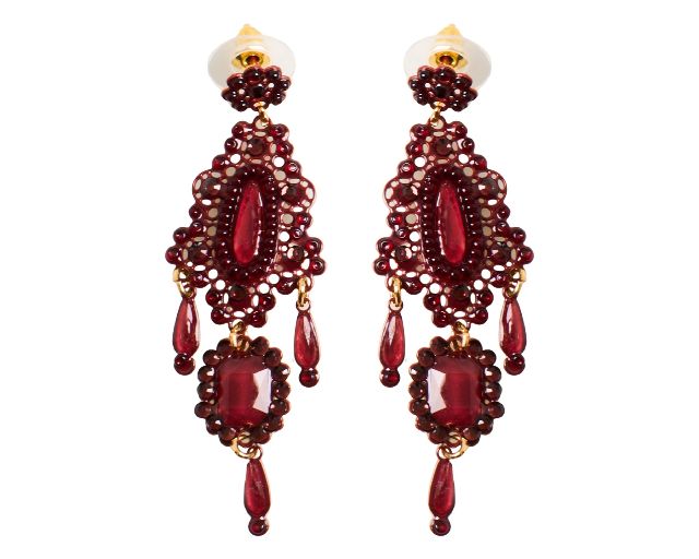 Earrings gold-plated brass with burgundy rhinestones