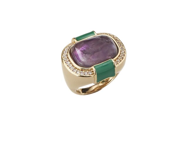 Anello ottone finitura dorata con quarzo viola e smalto verde