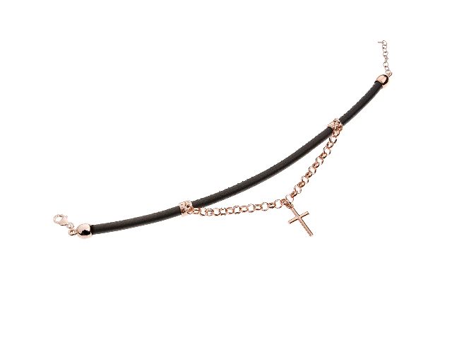 Bracciale argento e caucciù con catena rolò e pendente croce