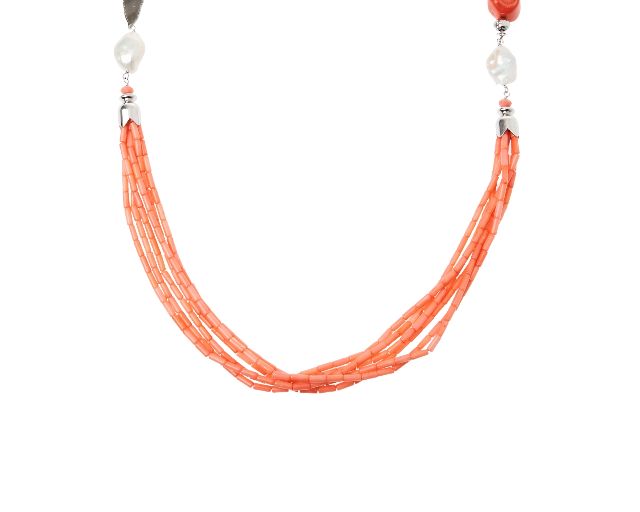 Collana argento con corallo bamboo e perle