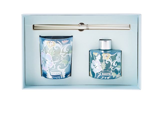 Cofanetto regalo profumo e bicchiere azzurro cannella