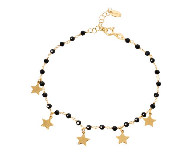 Anklet silver gold-plated with black spinel and star charms