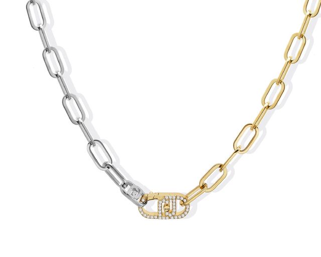 Collana acciaio bicolore chiusura logo con zirconi