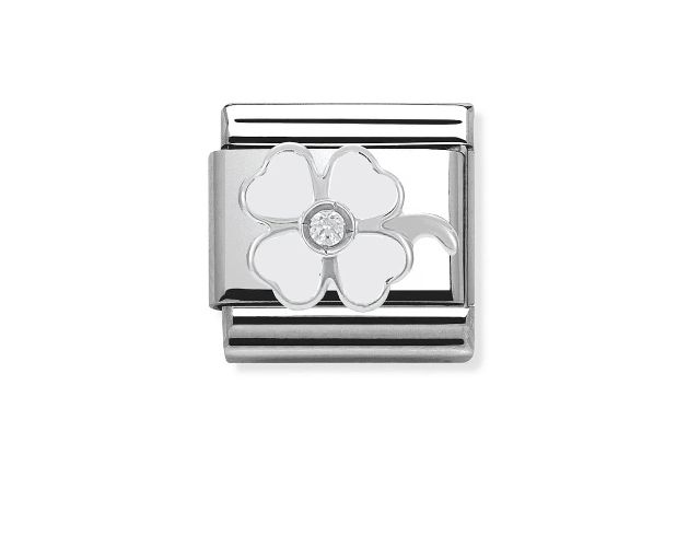 White four leaf clover composable steel silver and zircons