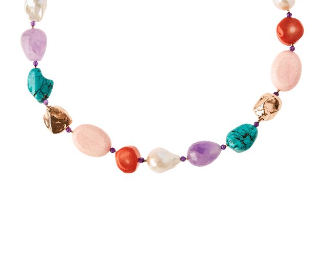 Collana argento rosè con prenite, quarzo rosa e perle