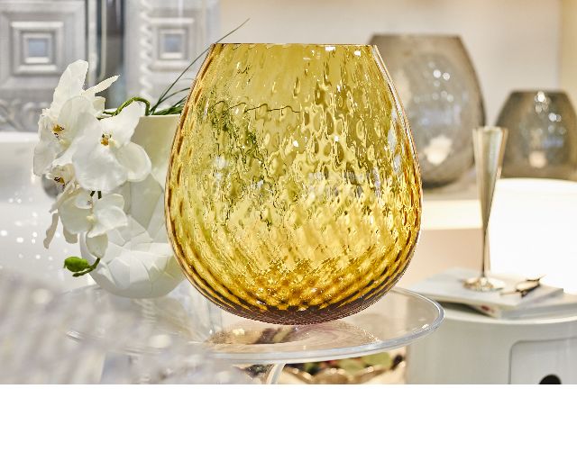 Vaso portacandela macramè xxl vetro di murano color ambra
