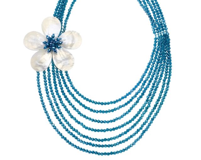 Necklace multi-strand with blue crystals and mother-of-pearl flower