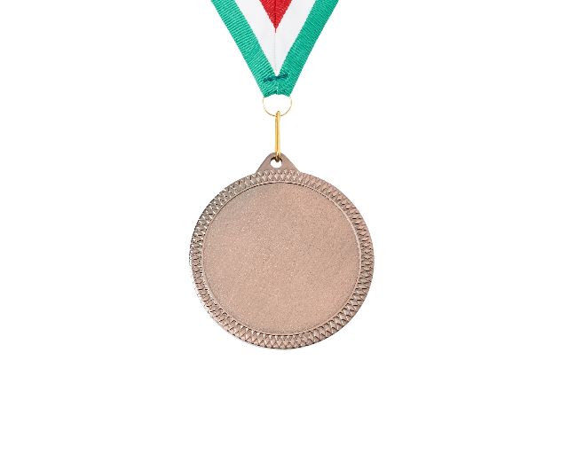 Customizable award medal with bronze finish and tricolor ribbon