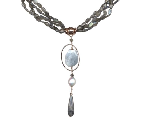 Collana argento rosè con labradorite perla e acquamarina