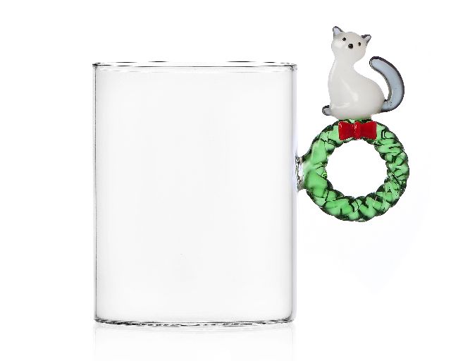 Idea regalo natale bicchiere tumbler gatto bianco con ghirlanda tabby cat
