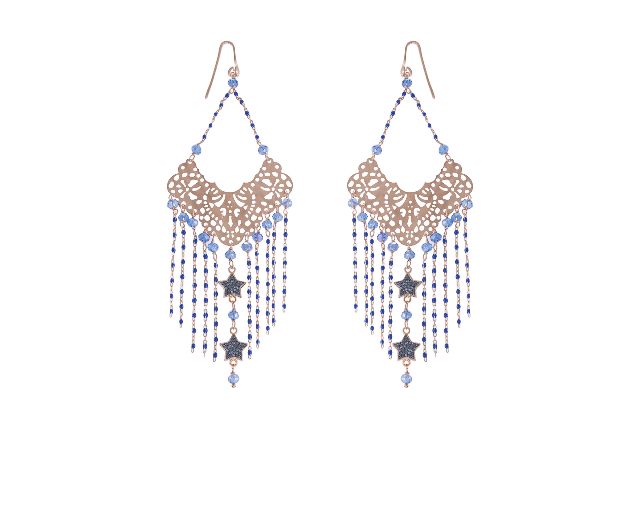 Orecchini argento pizzo con cristalli blu, stelle con zirconi blu