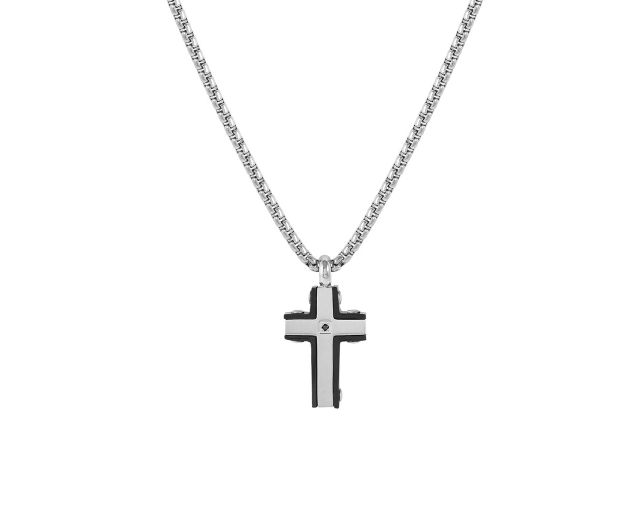 Necklace strong steel with cross pendant and natural diamond