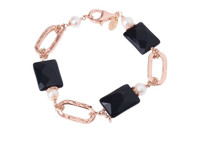 Bracciale argento rosè con agata nera e perla