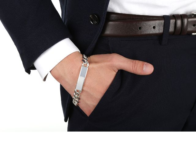 Bracciale da uomo argento con maglia grumette e piastrina centrale