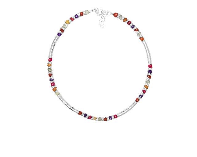 Collana rainbow argento martellato con pietre multicolor