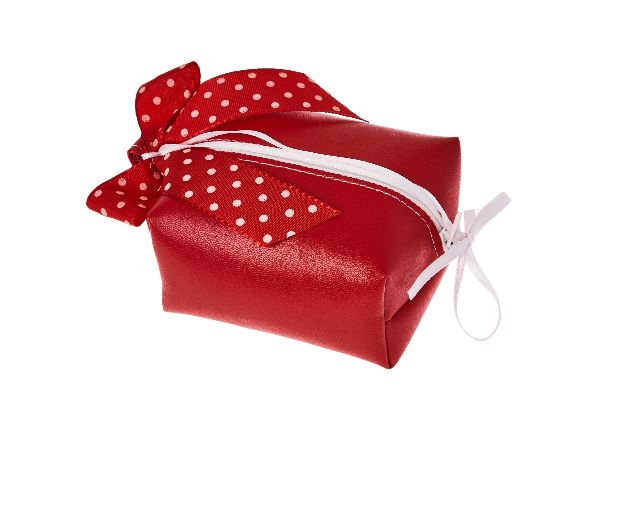 Astuccio con zip portaconfetti in ecopelle rosso con fiocco pois