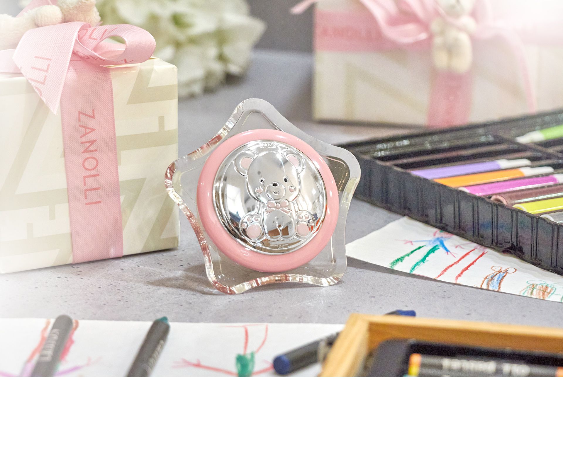 Night Lamp Teddy Bear Pvd Silver Star Pink Selezione Zanolli 176549 875pu8606r