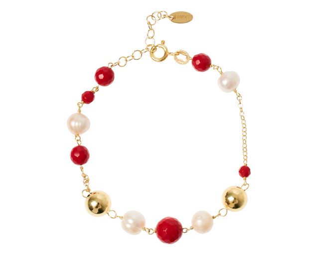 Bracciale argento dorato con corallo, perle e palle lucide