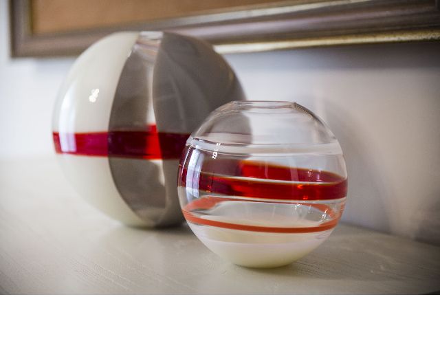 Vase sfera murano glass ivory, grey and red