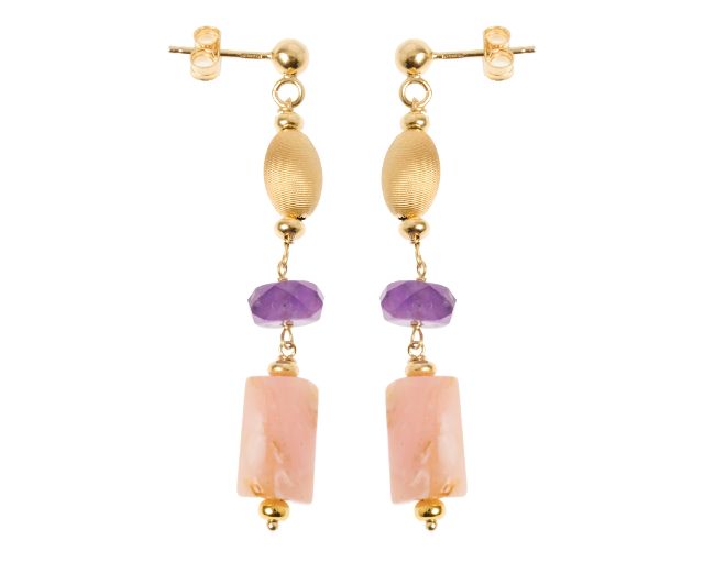 Orecchini argento dorato con moonstone rosa e cristallo viola