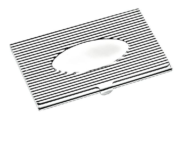 Business card holder silver plated striped with shiny oval
