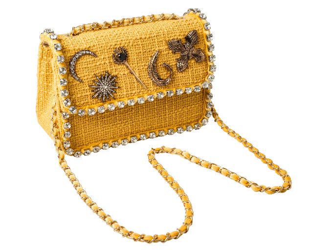 Clutch in tessuto giallo con cristalli e strass