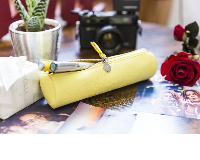 Astuccio tondo case pelle giallo