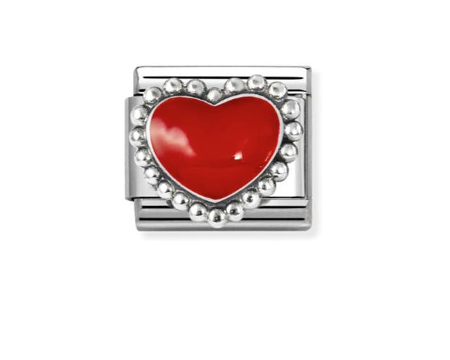 Cuore bombato rosso composable acciaio argento e smalto
