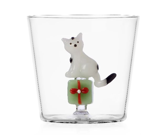Idea regalo natale bicchiere tumbler gatto bianco con regalo verde tabby cat