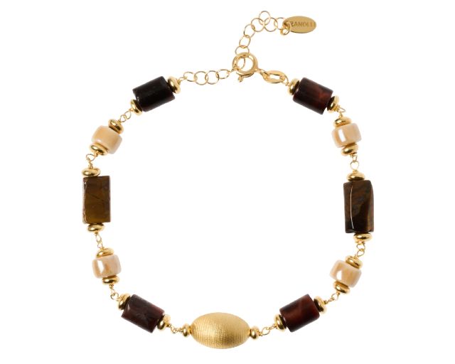 Bracciale argento dorato con chicco satinato, occhio di tigre e ceramica
