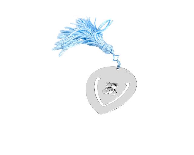 Segnalibro argento con orsetto e nappina celeste