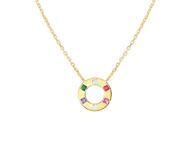 Collana carismatica argento dorato con tondo centrale e zirconi multicolore