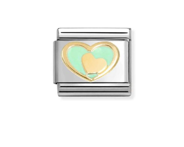 Cuore nel cuore verde pastello composable acciaio oro e smalto