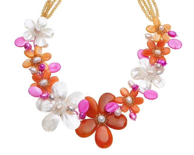 Collana fiori con agata madreperla e e cristalli