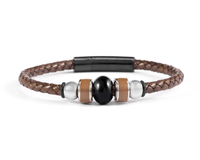 Bracciale flare vetro di murano smalto marrone e pelle marrone