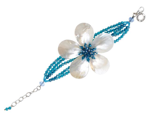 Bracelet multi-strand with blue crystals and mother-of-pearl flower