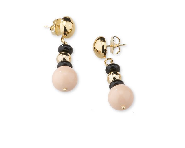 Earrings brass in gold plated brass black agate and pink shell