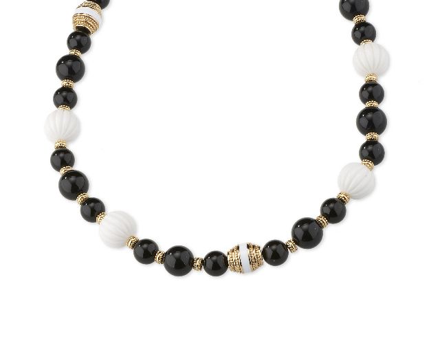 Necklace brass with black agate and white polymer