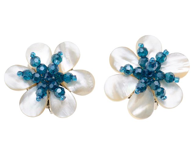 Orecchini a clip con cristalli blu e fiore madreperla
