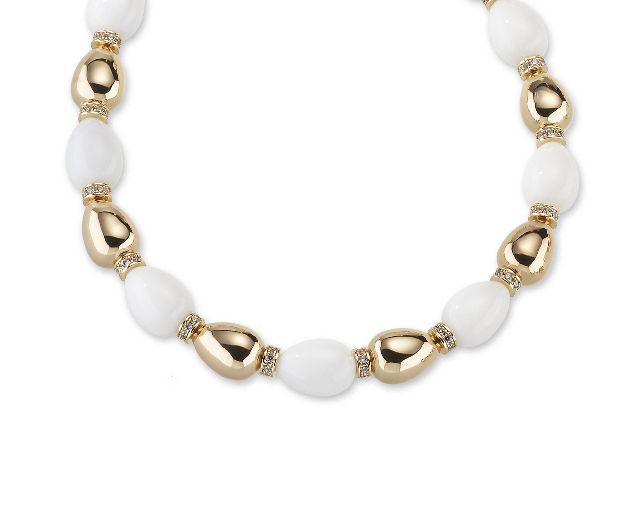Necklace brass in gold plated brass white agate and zircons