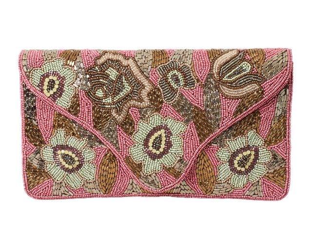 Clutch in tessuto con cristalli e perline