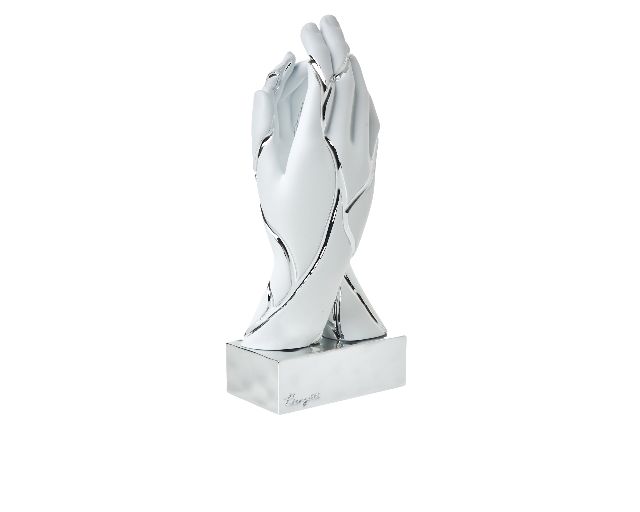 Scultura mani che si intrecciano bianche e argento con base argento