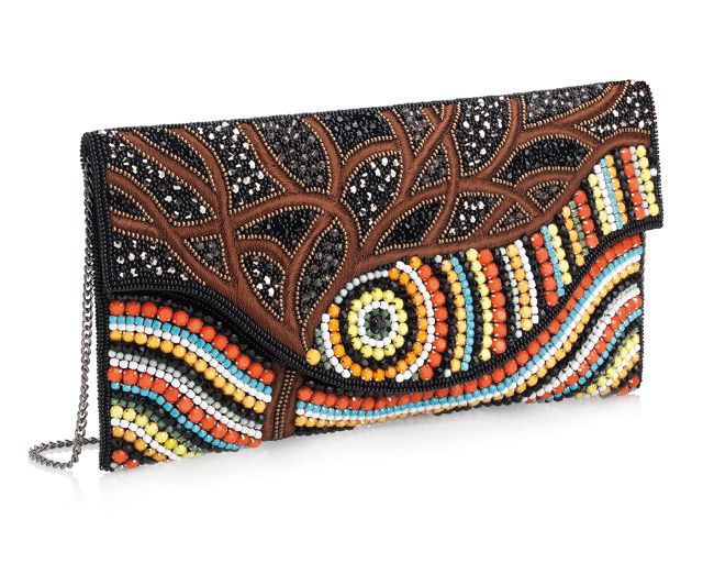 Clutch in tessuto con cristalli, perline e strass multicolore