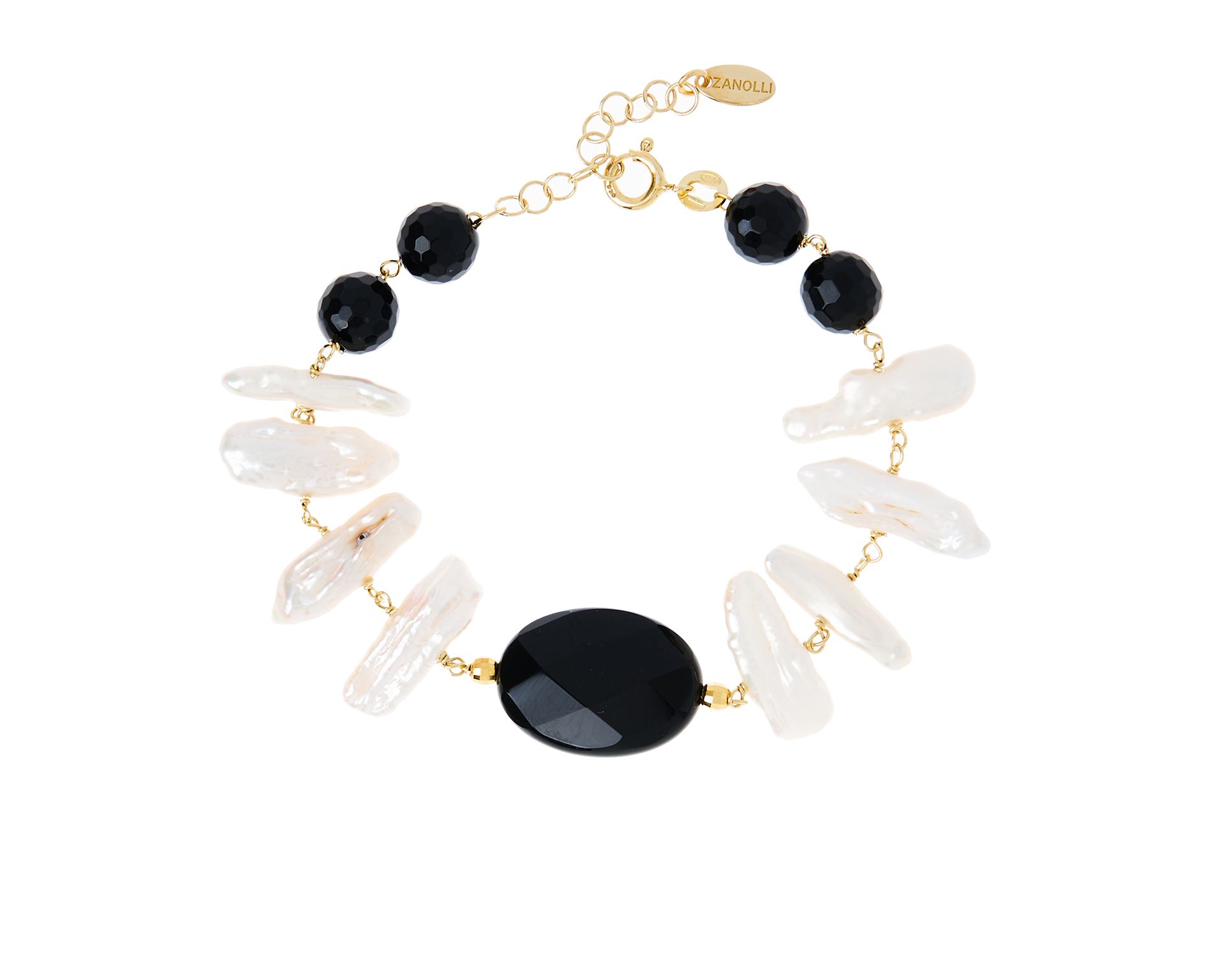 Bracciale Argento Dorato Con Chips Di Perle E Agata Nera Selezione Zanolli 180386 726br2677