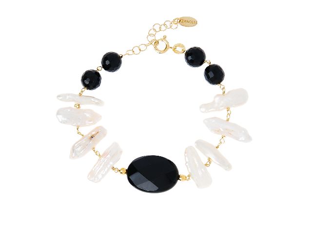 Bracciale argento dorato con chips di perle e agata nera