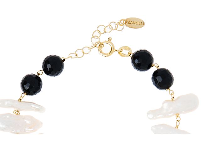 Bracciale Argento Dorato Con Chips Di Perle E Agata Nera Selezione Zanolli 180386 726br2677