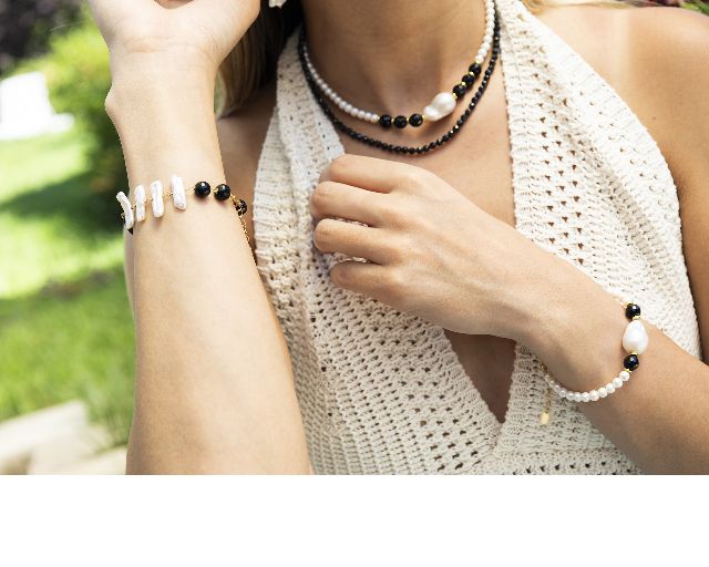 Bracciale Argento Dorato Con Chips Di Perle E Agata Nera Selezione Zanolli 180386 726br2677