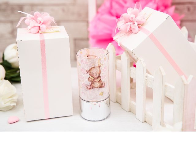 Bomboniera battesimo lampada orsetto rosa con ciuffo portaconfetti