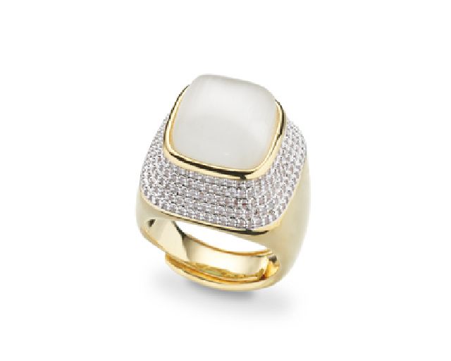 Anello aperto ottone finitura oro con cubic zirconia e occhio di gatto
